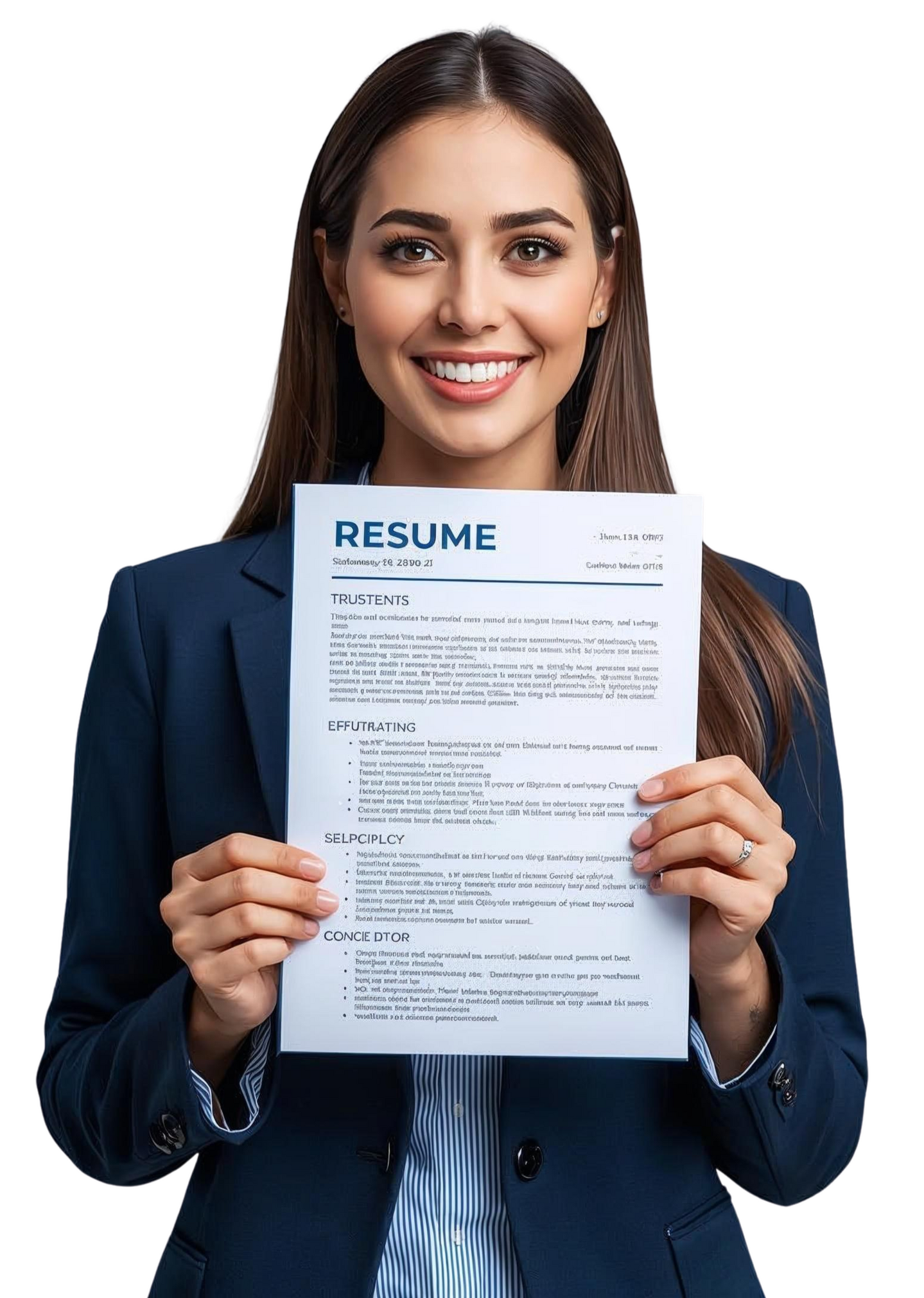 AI powered resume service "Confident professional woman holding her AI-optimized, ATS-friendly resume, ready for a job interview"