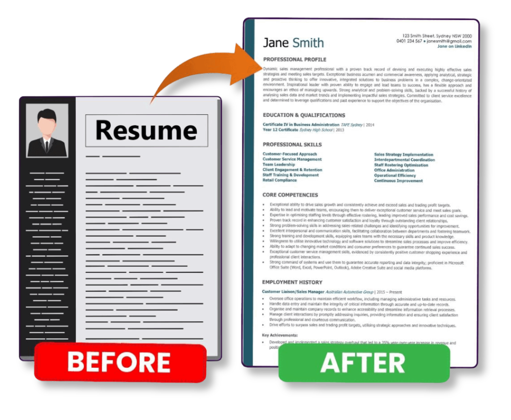 Before and after comparison: generic resume transformed into a detailed, tailored, ATS-friendly resume using LandTheJob AI tool